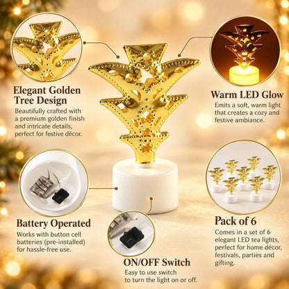 Golden Tree Flameless Led Tealight Candles For Festive Home Decor (6 Pc Set)