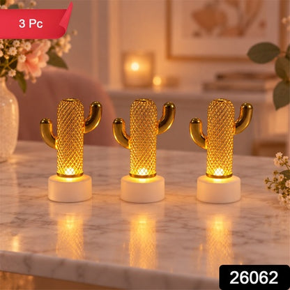 Gold Tone Cactus Flameless Led Candle Lights For Tabletop Decor (3 Pc Set)
