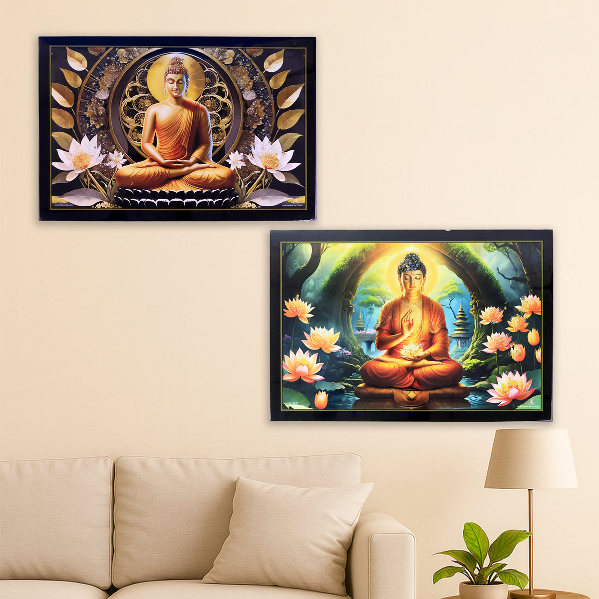 Decorative Lord Buddha Wall Painting With Wooden Frame Mix Design 45x30 Cm Approx (1 Pc)