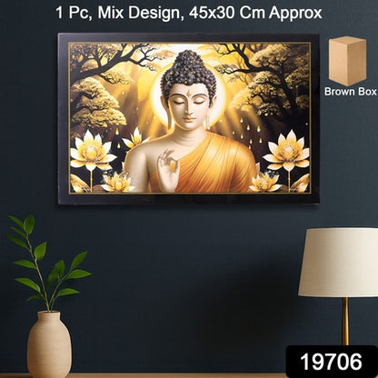 Decorative Lord Buddha Wall Painting With Wooden Frame Mix Design 45x30 Cm Approx (1 Pc)