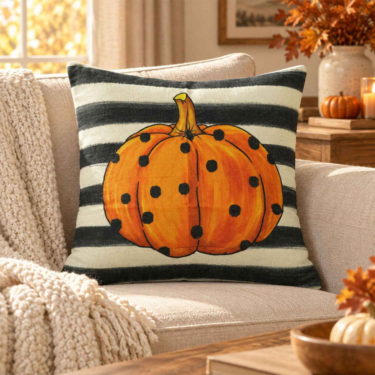 Pumpkin Print Woven Fabric Pillow Cover With Hidden Zipper (1 Pc 44 X 44 Cm)