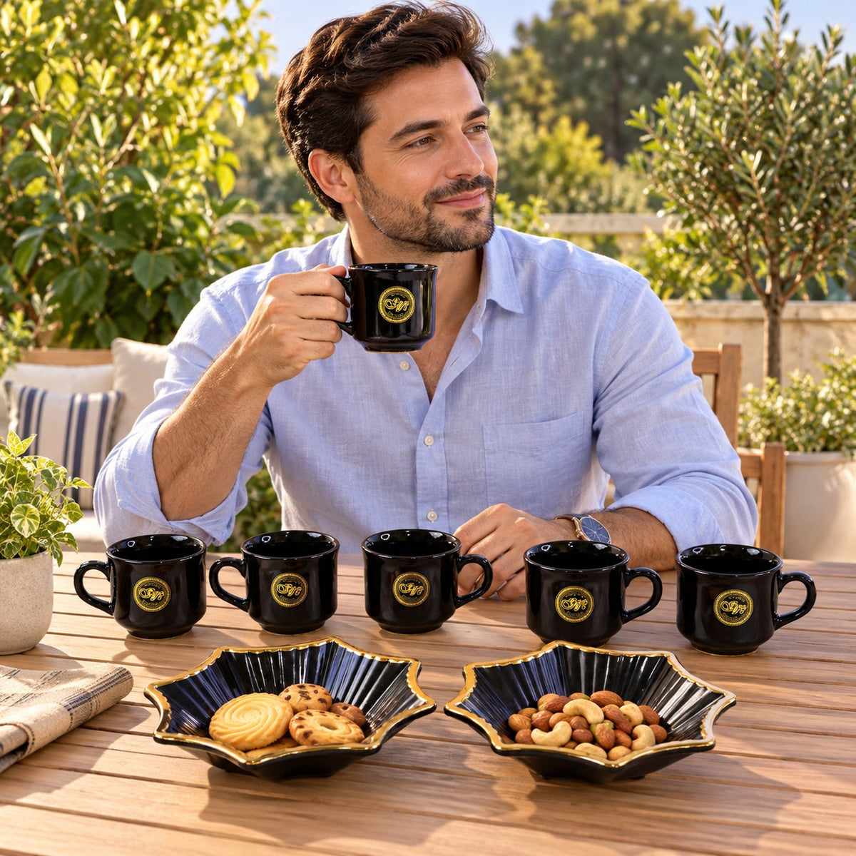 Snack Serving Bowl And Tea Cup Set Star Shape Platter Gift Set (8 Pc Set)