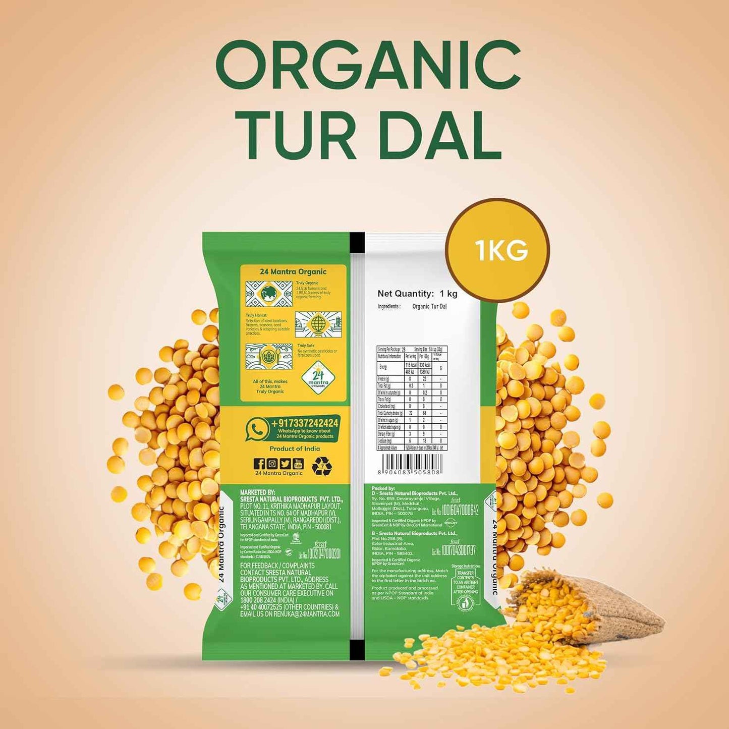 24 Mantra Organic Toor Dal/Tur Dal/Arhar Dal 1Kg  (25 Packs)(25 Kgs)