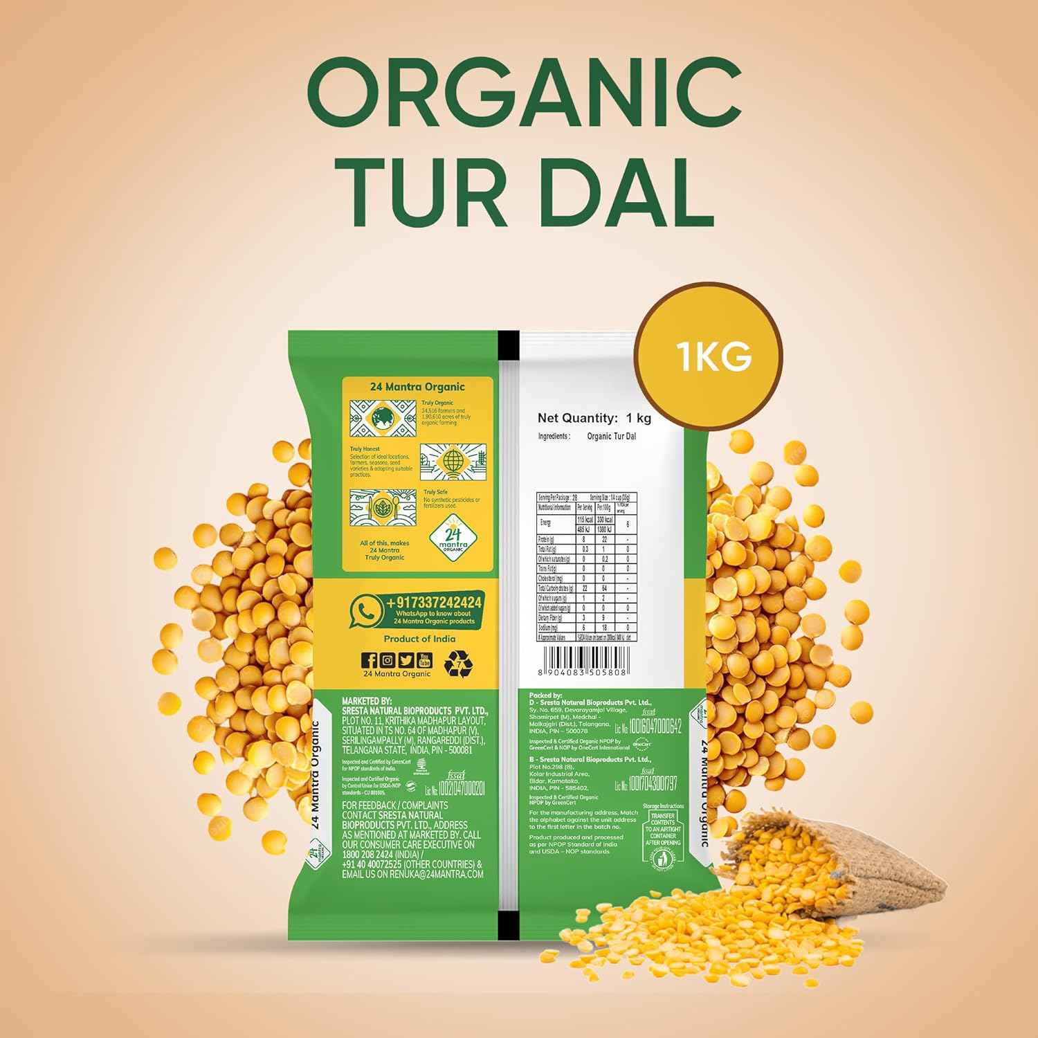 24 Mantra Organic Toor Dal/Tur Dal/Arhar Dal 1Kg  (25 Packs)(25 Kgs)
