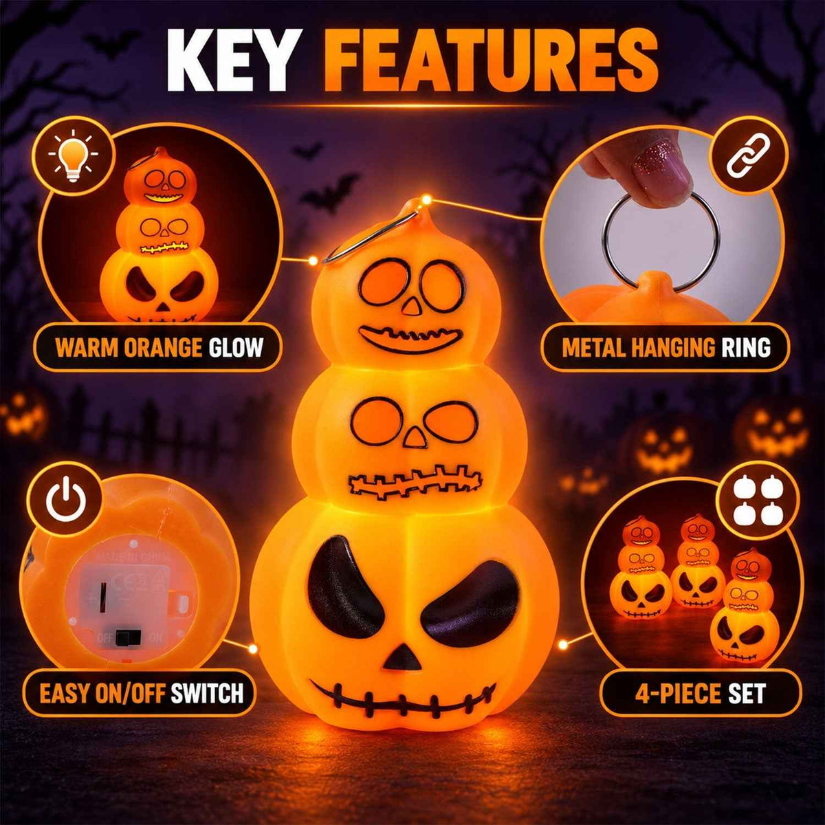 Halloween 3 Layer Pumpkin Led Hanging Lights For Party Home Decor (4 Pc Set)