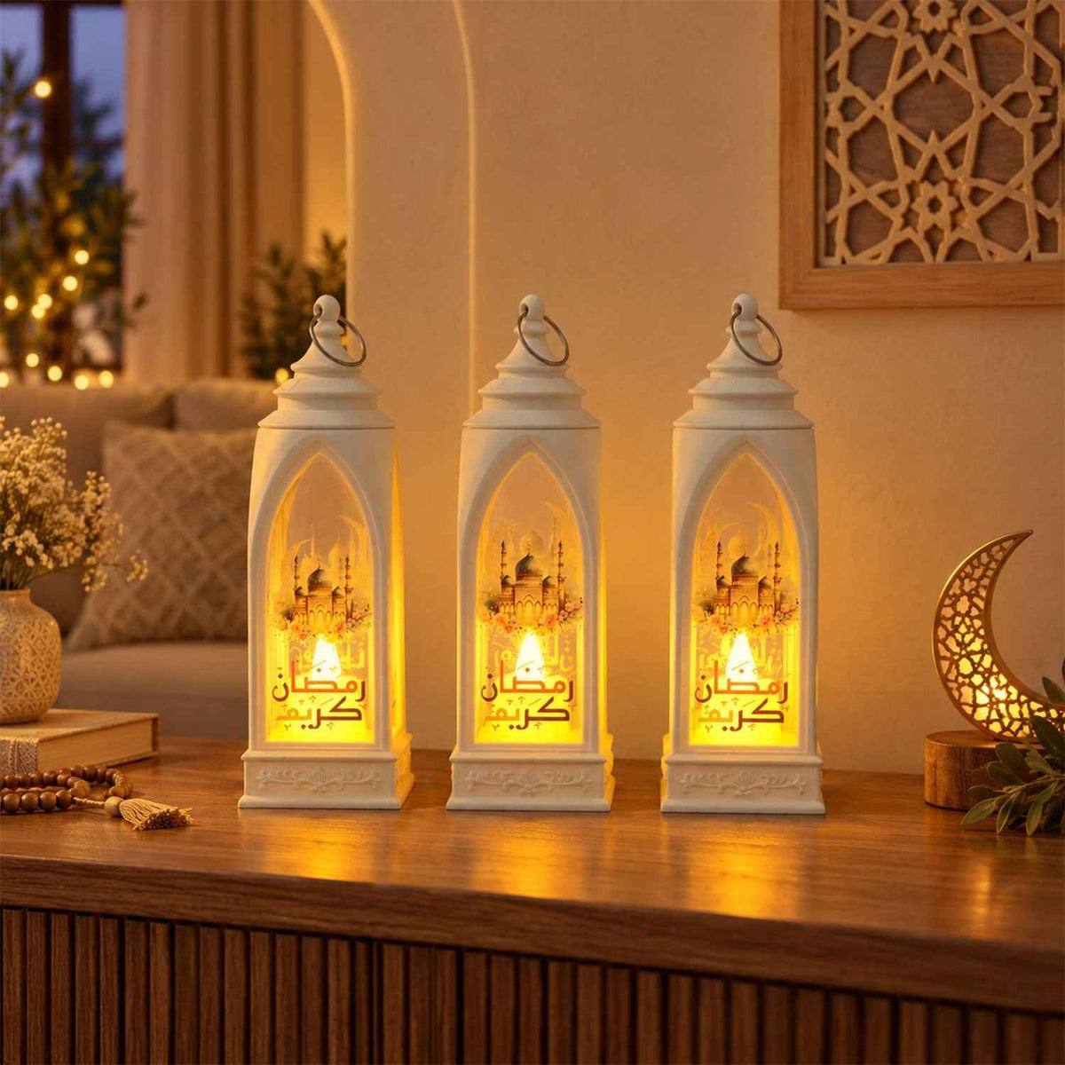 Ramadan Flameless Led Candle Lantern For Hanging And Table Decor (3 Pc)