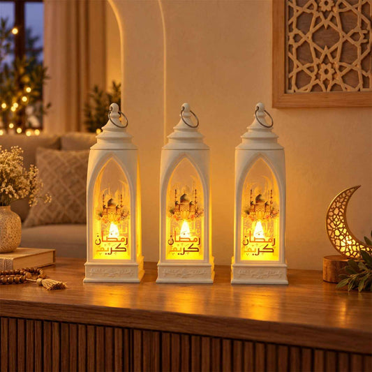 Ramadan Flameless Led Candle Lantern For Hanging And Table Decor (3 Pc)