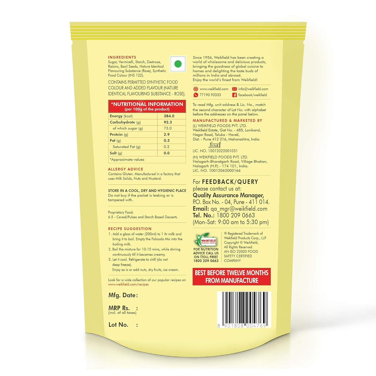 Weikfield Falooda Mix 200 g Pouch | Rose Flavoured