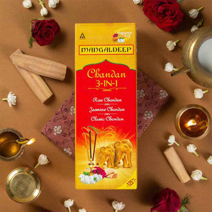 Mangaldeep 3in1 Agarbatti - Soothing Fragrances of Classic Chandan, Rose & Jasmine (226g)