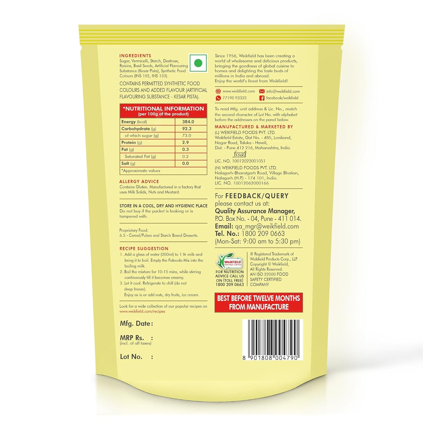 Weikfield Falooda Mix 200 g Pouch | Kesar Pista Flavoured |
