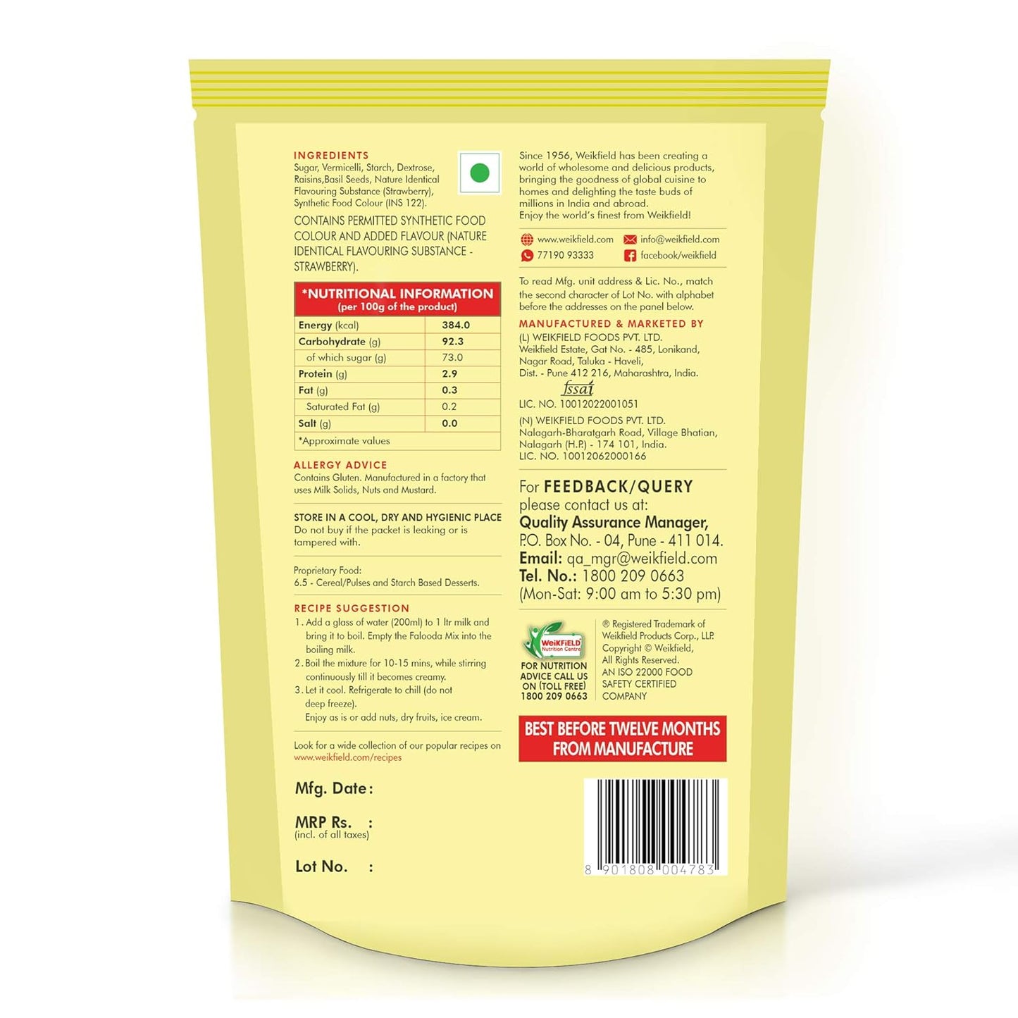 Weikfield Falooda Mix 200 g Pouch | Strawberry Flavoured