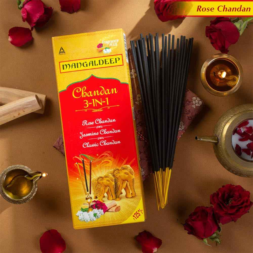 Mangaldeep 3in1 Agarbatti - Soothing Fragrances of Classic Chandan, Rose & Jasmine (226g)