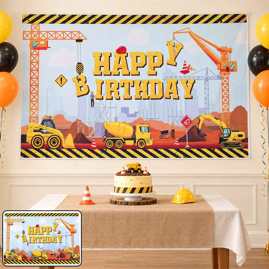 Construction Theme Happy Birthday Backdrop Curtain For Kids Parties (150x100 Cm)
