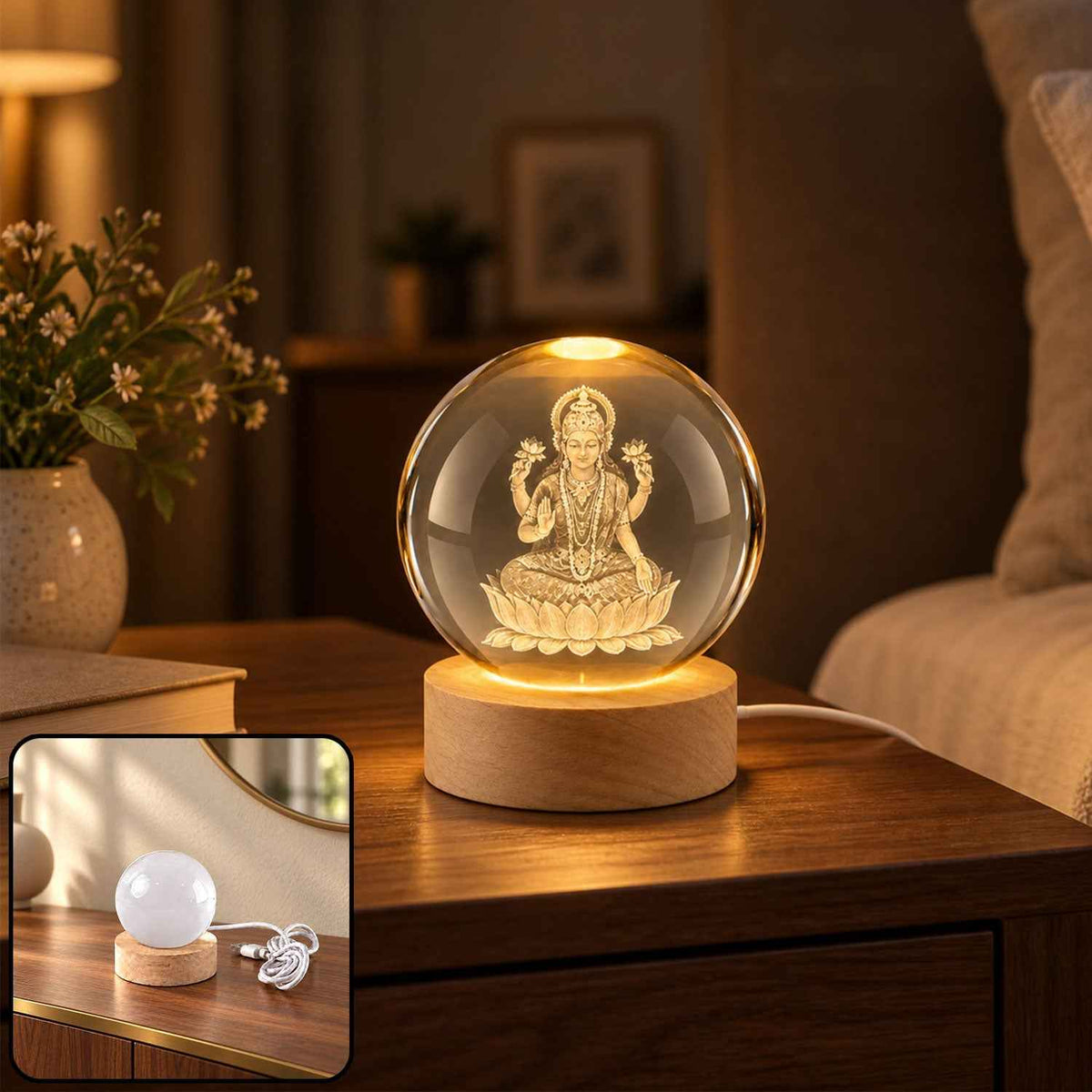 Laxmi Ji 3d Crystal Ball Lamp With Wooden Led Base And Usb Cable For Home Decor