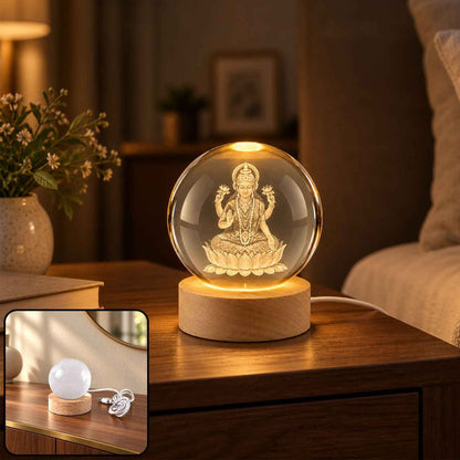 Laxmi Ji 3d Crystal Ball Lamp With Wooden Led Base And Usb Cable For Home Decor