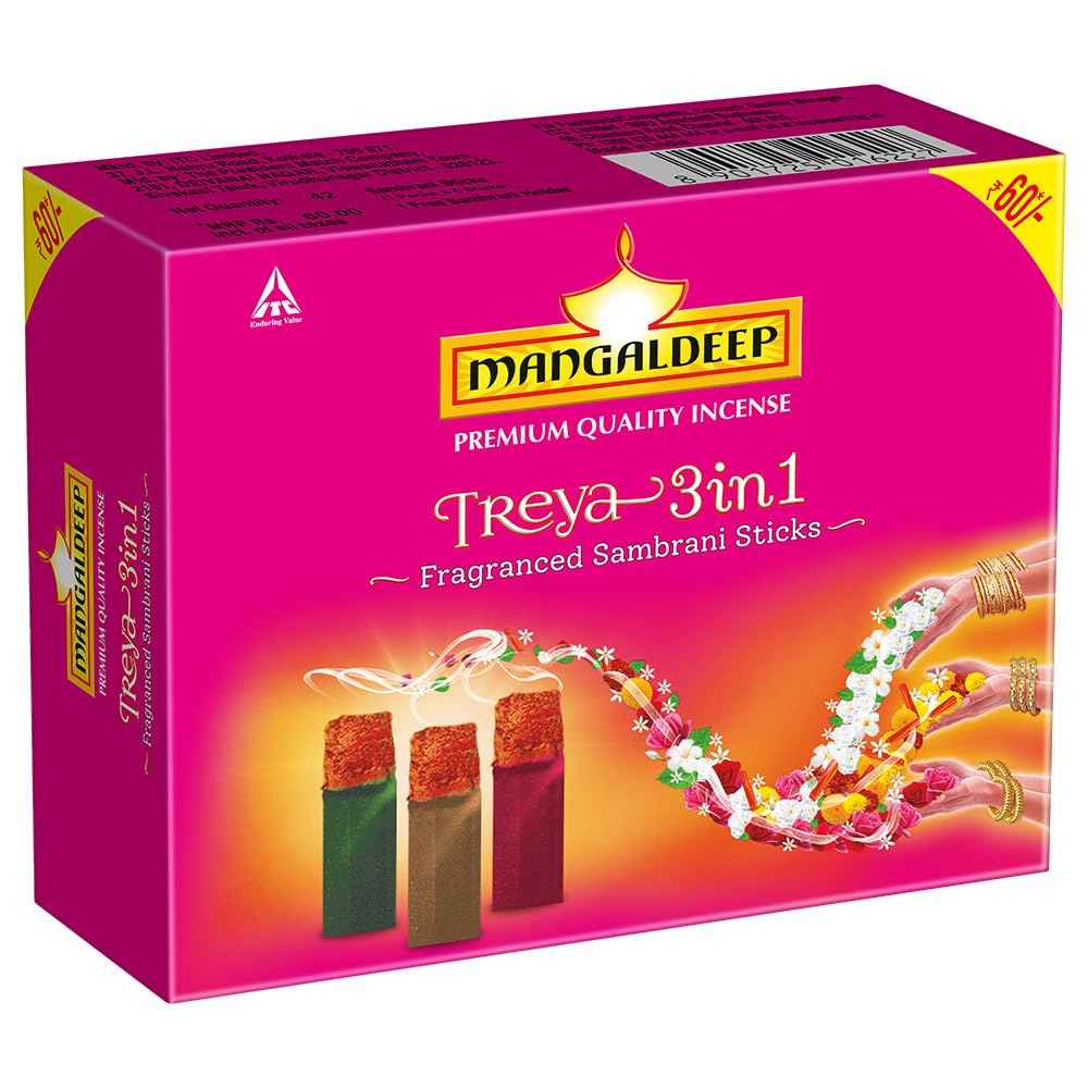 Mangaldeep Treya 3 in 1 Fragranced Sambrani Sticks - 3 Different Floral Fragrances (42 Sticks)