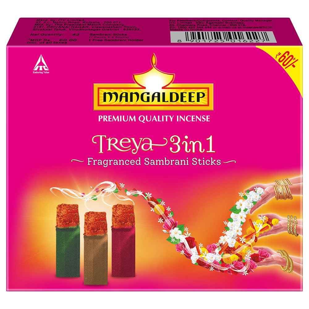 Mangaldeep Treya 3 in 1 Fragranced Sambrani Sticks - 3 Different Floral Fragrances (42 Sticks)