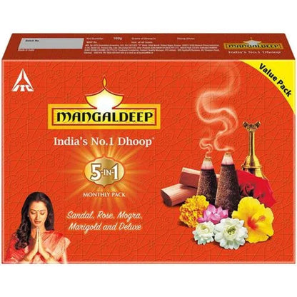Mangaldeep 5 In 1 Sandal, Rose, Mogra, Marigold & Deluxe Rosewood Dhoop 72 Pieces)  Pack of 3