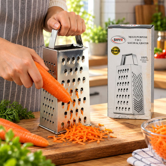 Steel Box Grater And Vegetable Slicer For Cheese Shredding And Kitchen Food Preparation (5 In 1)