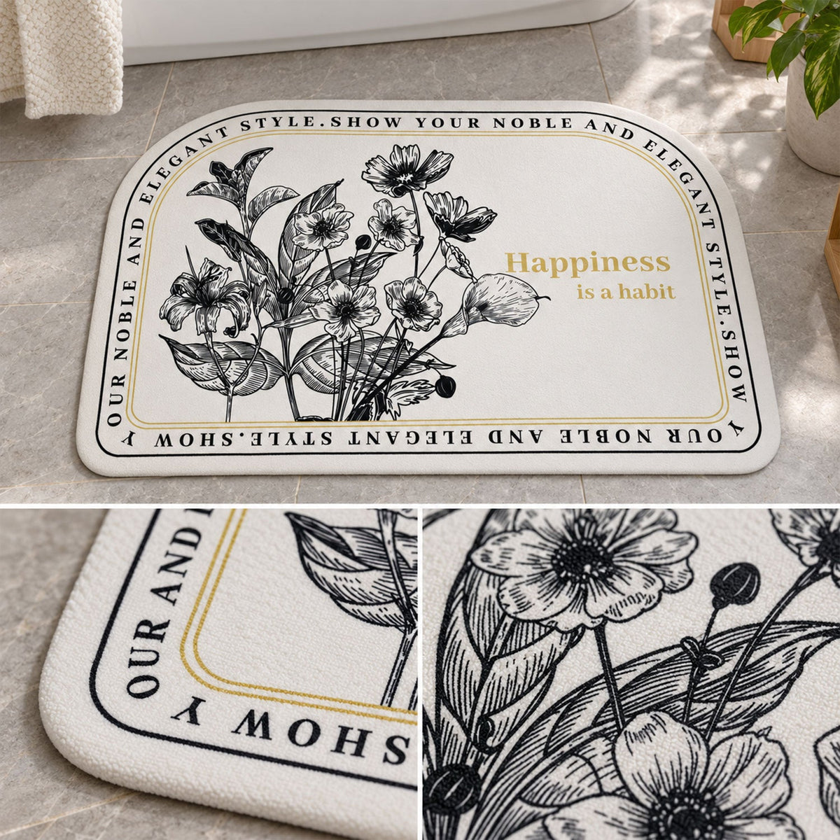 Absorbent Bathroom Mat Half Round Botanical Quote Print Mat (1 Pc 50x80 Cm)