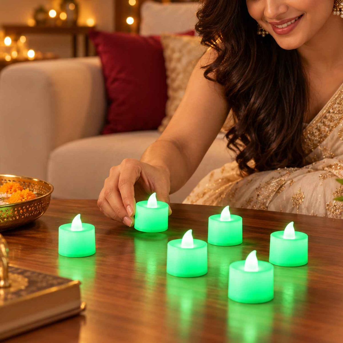 Green Flameless Led Tealight Candles For Festival And Home Decor (6 Pc Set)