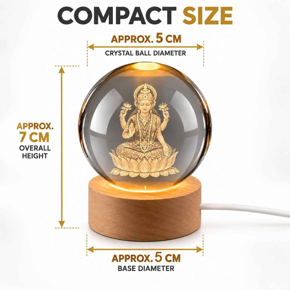 Laxmi Ji 3d Crystal Ball Lamp With Wooden Led Base And Usb Cable For Home Decor