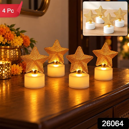 Golden Star Flameless Led Candles For Festive Table And Home Decor (4 Pc Set)