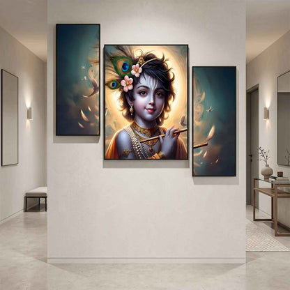 Krishna N Flute 3 Panel Mdf Wall Frame Wall Art Painting 16.5x12in (1 Pc)