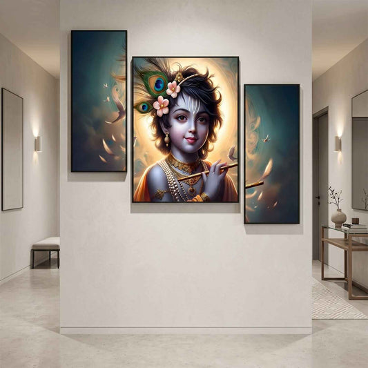 Krishna N Flute 3 Panel Mdf Wall Frame Wall Art Painting 16.5x12in (1 Pc)