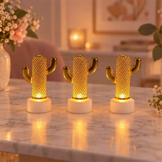 Gold Tone Cactus Flameless Led Candle Lights For Tabletop Decor (3 Pc Set)
