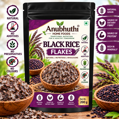 Anubhuthi Home Foods Black Rice Flakes 200g | Traditional Black Rice Poha | Flattened Rice Flakes for Breakfast, Snacks & Everyday Cooking