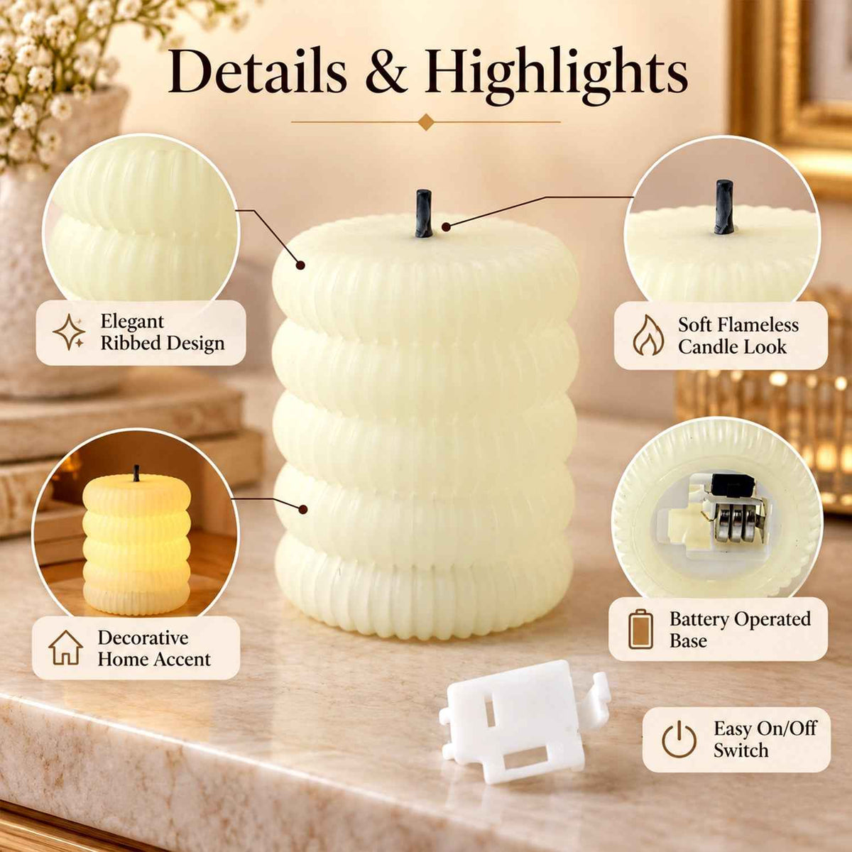 Ribbed Flameless Led Tealight Candles For Festive Tabletop Decor (6 Pc Set)