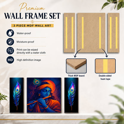 Krishna 3 Panel Mdf Wall Frame Wall Art Painting 16.5x12in (1 Pc)
