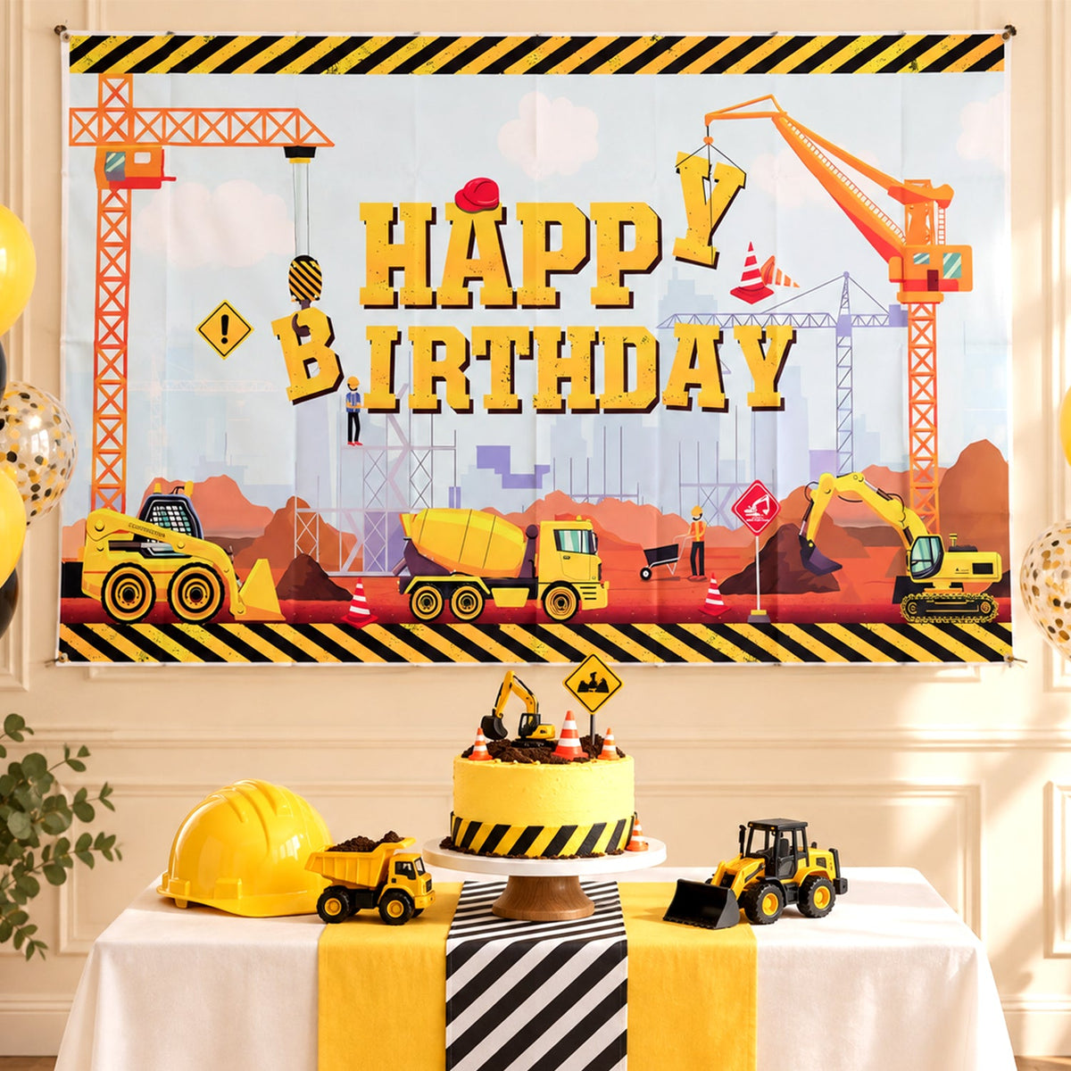 Construction Theme Happy Birthday Backdrop Curtain For Kids Parties (150x100 Cm)