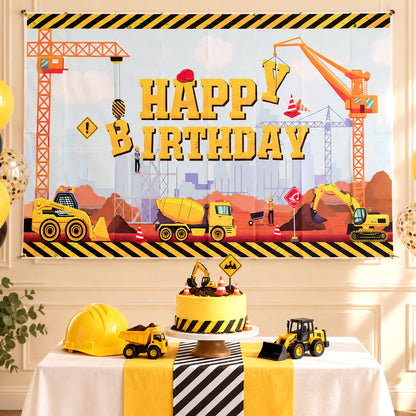 Construction Theme Happy Birthday Backdrop Curtain For Kids Parties (150x100 Cm)
