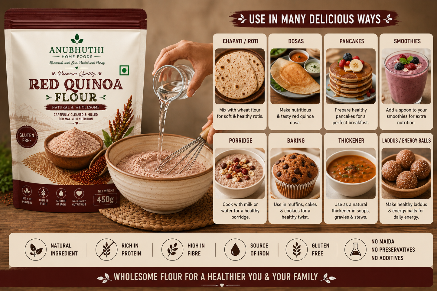 Red Quinoa Flour 450g | Red Quinoa Seed Powder | Finely Ground Quinoa Flour | For Dosa, Roti, Pancakes & Baking
