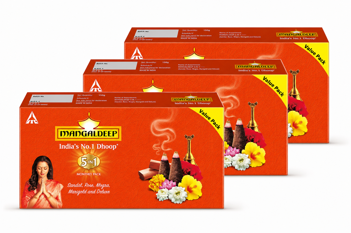 Mangaldeep 5 In 1 Sandal, Rose, Mogra, Marigold & Deluxe Rosewood Dhoop 72 Pieces)  Pack of 3
