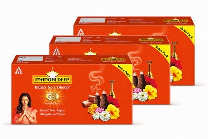 Mangaldeep 5 In 1 Sandal, Rose, Mogra, Marigold & Deluxe Rosewood Dhoop 72 Pieces)  Pack of 3