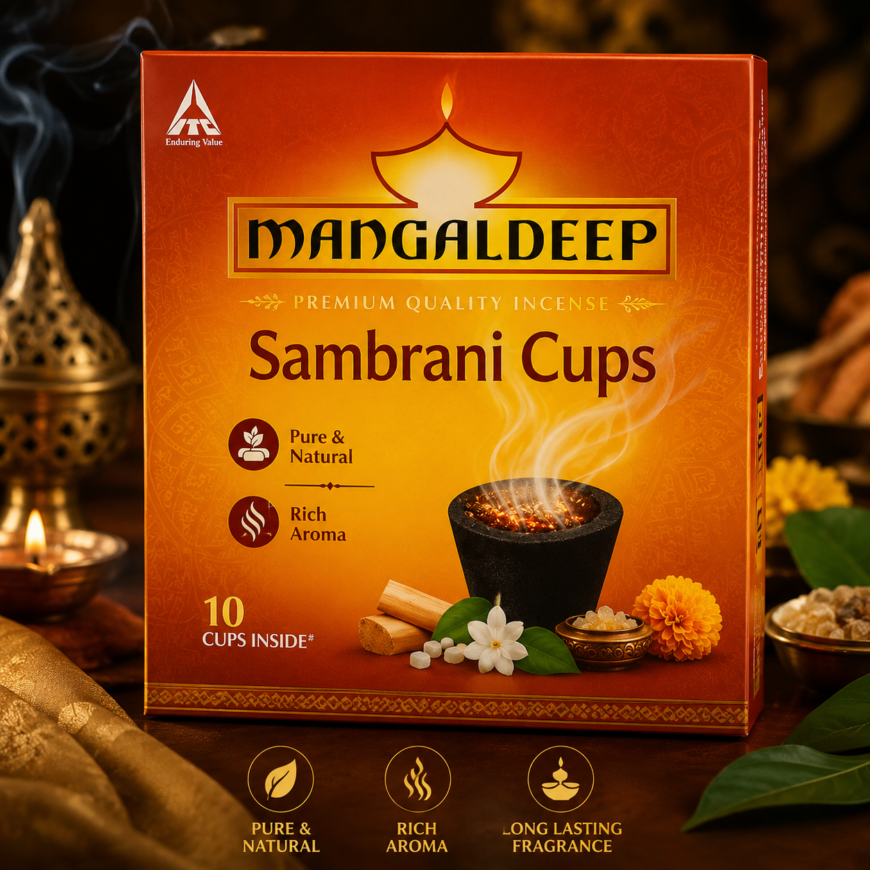 Mangaldeep Pure & Natural Rich Aroma Sambrani Cups (10 cm, Black, 10 Cups)