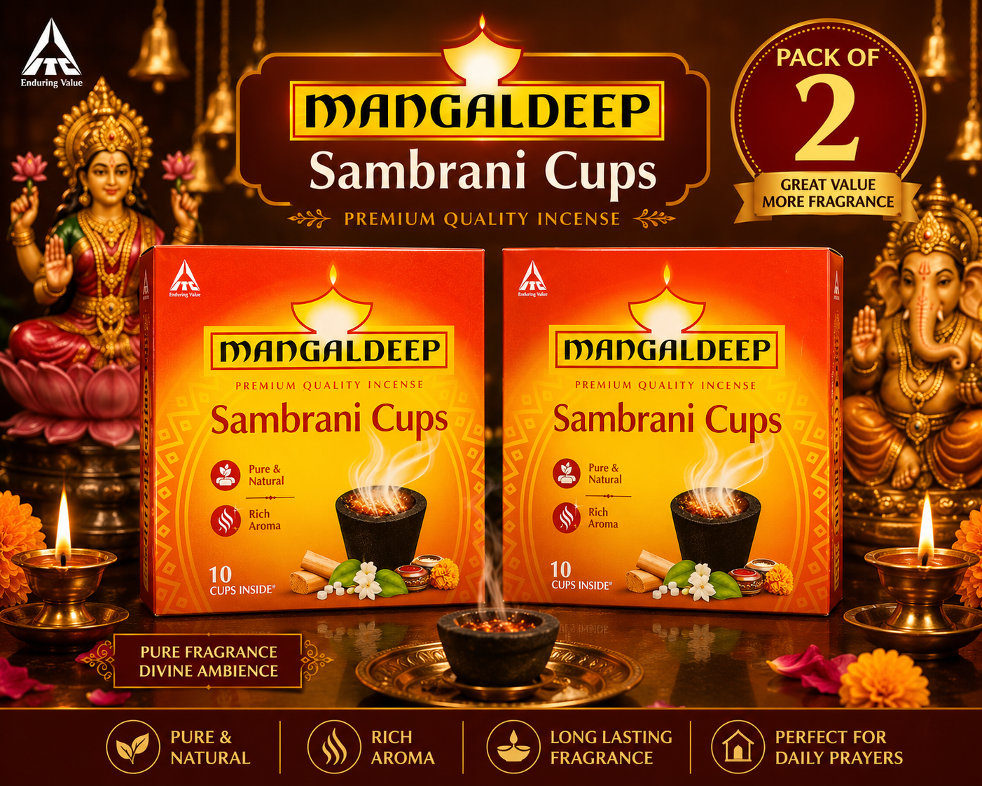Mangaldeep Pure & Natural Rich Aroma Sambrani Cups (10 cm, Black, 10 Cups)