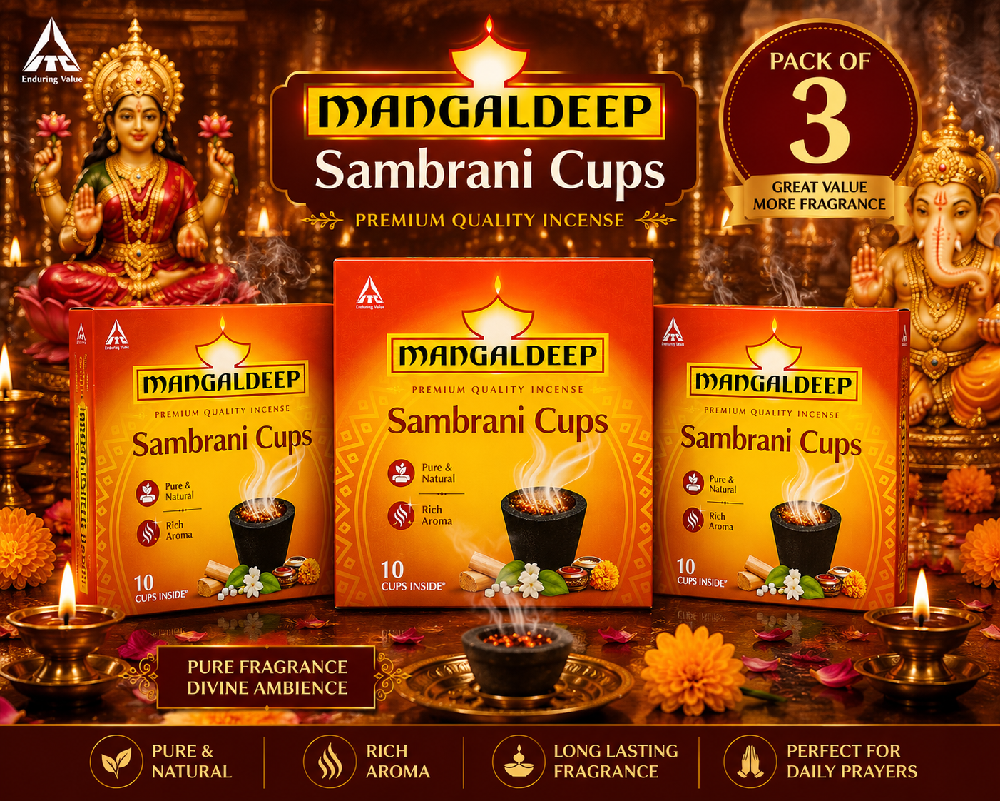 Mangaldeep Pure & Natural Rich Aroma Sambrani Cups (10 cm, Black, 10 Cups)