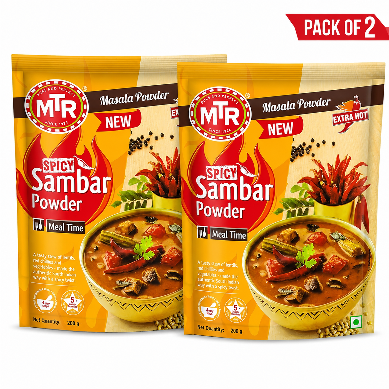 MTR Spicy Sambar Powder  Authentic Sambar with a spicy twist | 200g (Pack of 2)