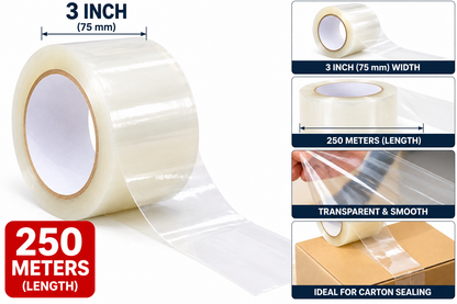 3 Inch Packing Tape 250 Meters | Strong Adhesive White BOPP Tape for Cartons & Shipping