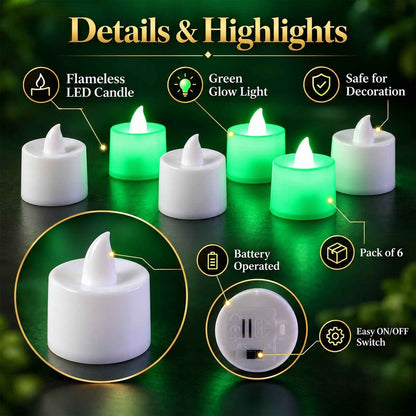 Green Flameless Led Tealight Candles For Festival And Home Decor (6 Pc Set)