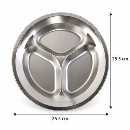 Stainless Steel 3 Compartment Plate For Meals And Snacks (1 Pc 25.5 X 25.5 Cm)