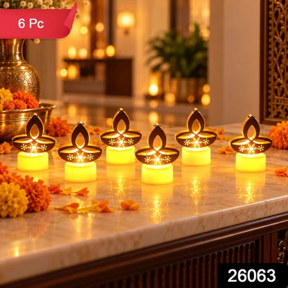 Golden Diya Led Tealight Candles For Diwali Puja And Home Decor (6 Pc Set)