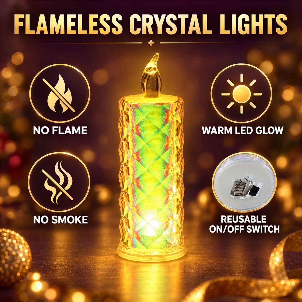 Crystal Style Flameless Led Pillar Candles For Festive Home Decor (4 Pc Set)