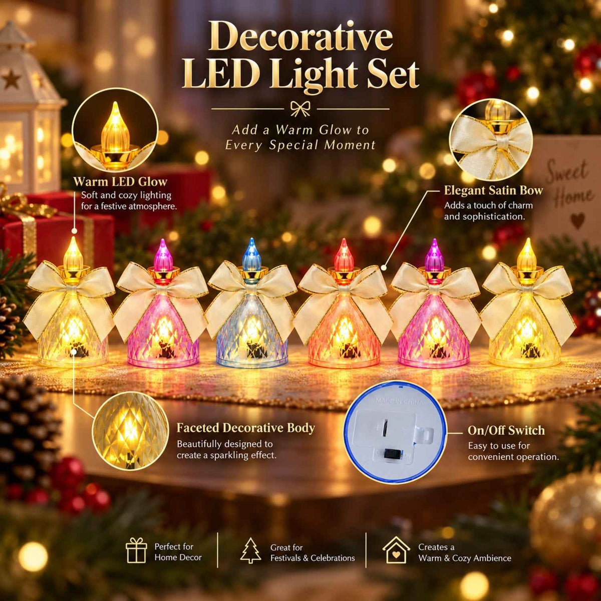 Decorative Flameless Led Candle Lights With Bow For Home Decor (6 Pc Set)