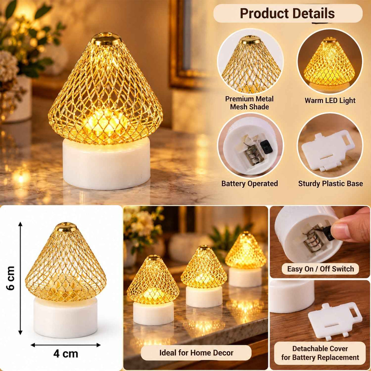 Antique Style Golden Led Tealight Lamps For Festive Table Decoration (4 Pc Set)