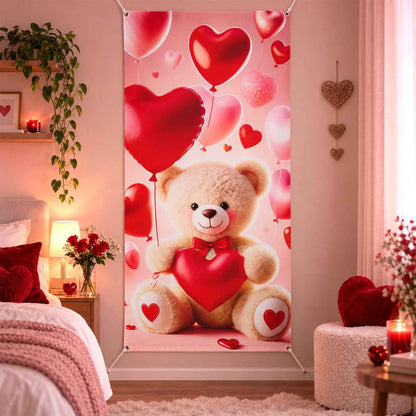 Teddy Bear And Heart Backdrop Curtain For Romantic Party Decoration (210x100 Cm)